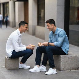 A touching scene of Cristiano Ronaldo in casual attire, kindly offering food to Lionel Messi, portrayed as a less fortunate individual in simple clothes, sitting on a city sidewalk. Emphasize on the vivid act of kindness.