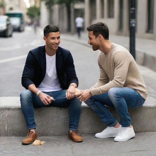 A touching scene of Cristiano Ronaldo in casual attire, kindly offering food to Lionel Messi, portrayed as a less fortunate individual in simple clothes, sitting on a city sidewalk. Emphasize on the vivid act of kindness.