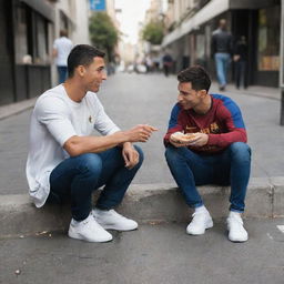 A touching scene of Cristiano Ronaldo in casual attire, kindly offering food to Lionel Messi, portrayed as a less fortunate individual in simple clothes, sitting on a city sidewalk. Emphasize on the vivid act of kindness.