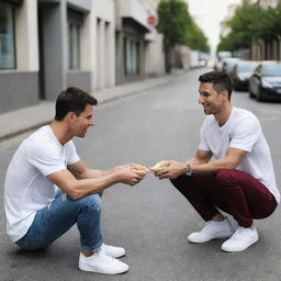 A touching scene of Cristiano Ronaldo in casual attire, kindly offering food to Lionel Messi, portrayed as a less fortunate individual in simple clothes, sitting on a city sidewalk. Emphasize on the vivid act of kindness.