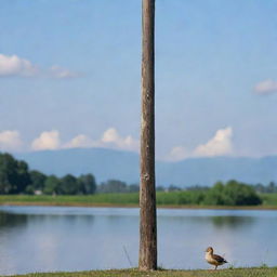 An electric pole standing tall with a cute duck comfortably sitting at its base, against a serene background.