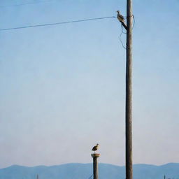 An electric pole standing tall with a cute duck comfortably sitting at its base, against a serene background.