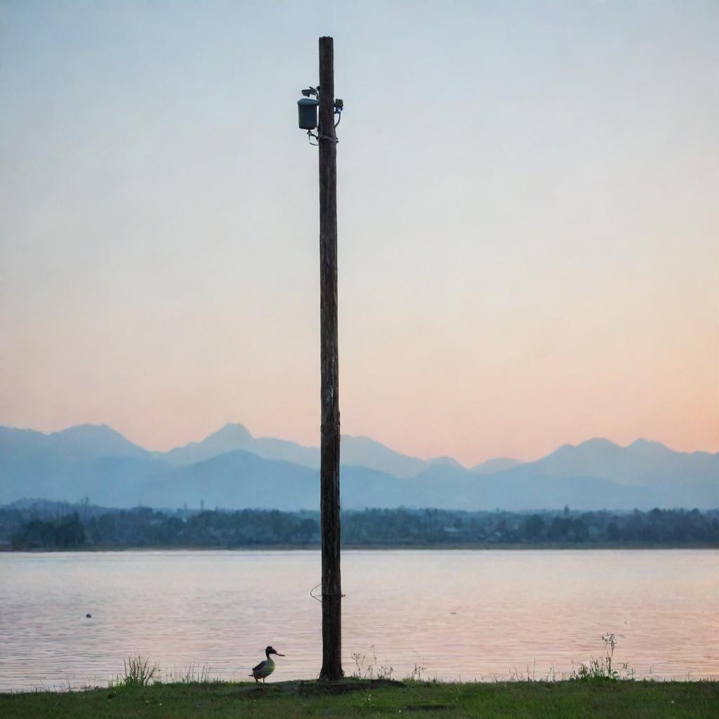 An electric pole standing tall with a cute duck comfortably sitting at its base, against a serene background.