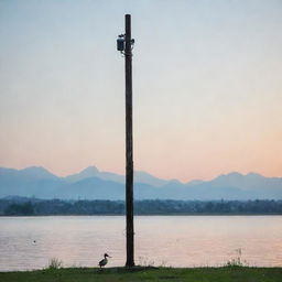 An electric pole standing tall with a cute duck comfortably sitting at its base, against a serene background.