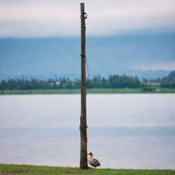 An electric pole standing tall with a cute duck comfortably sitting at its base, against a serene background.