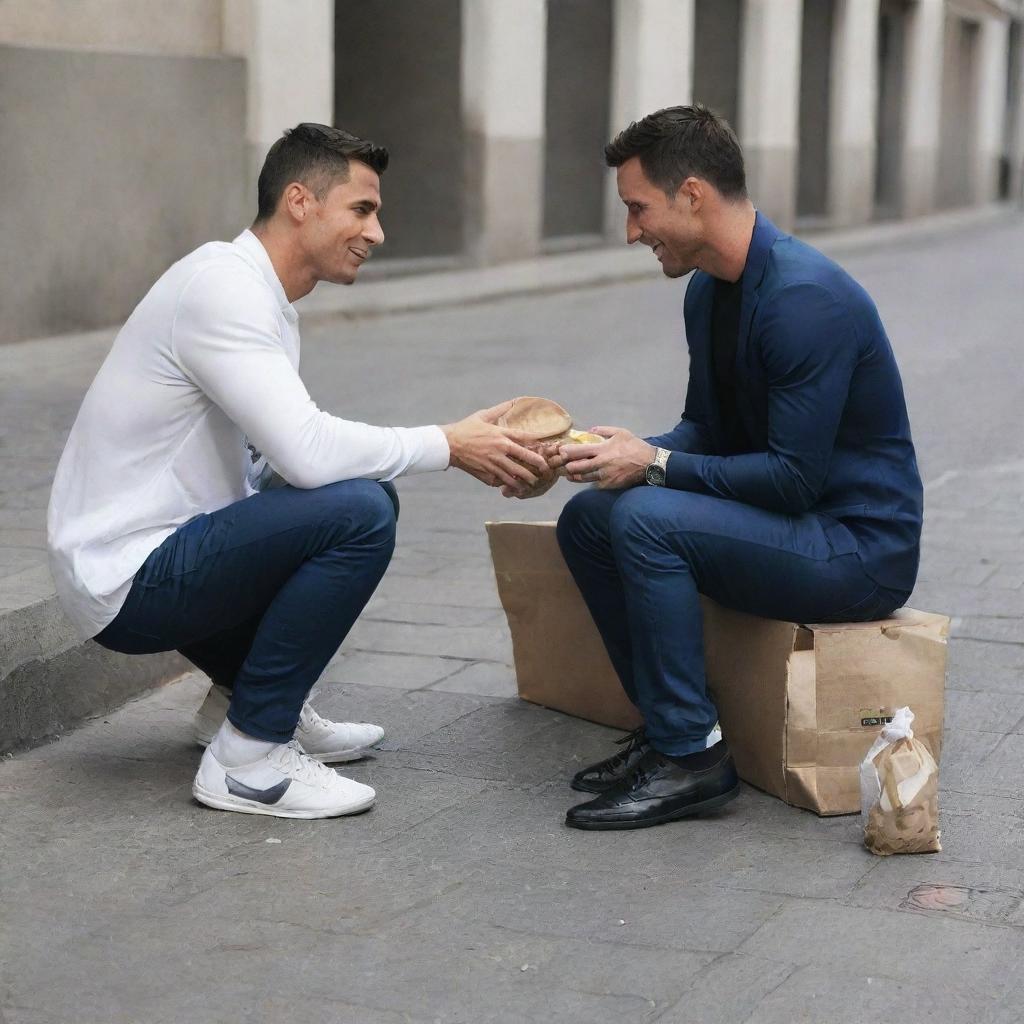 A compassionate depiction of Cristiano Ronaldo offering food to a less fortunate Lionel Messi, sitting on an urban sidewalk. Focus on the act of kindness, and the contrasting expressions of gratitude and benevolence.