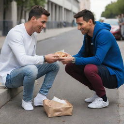 A compassionate depiction of Cristiano Ronaldo offering food to a less fortunate Lionel Messi, sitting on an urban sidewalk. Focus on the act of kindness, and the contrasting expressions of gratitude and benevolence.