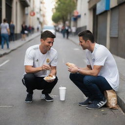 A compassionate depiction of Cristiano Ronaldo offering food to a less fortunate Lionel Messi, sitting on an urban sidewalk. Focus on the act of kindness, and the contrasting expressions of gratitude and benevolence.