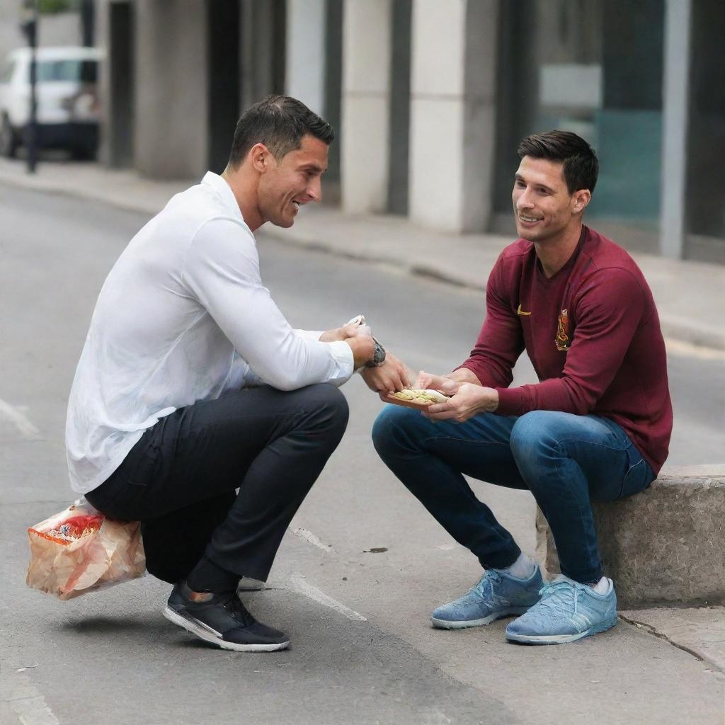 A compassionate depiction of Cristiano Ronaldo offering food to a less fortunate Lionel Messi, sitting on an urban sidewalk. Focus on the act of kindness, and the contrasting expressions of gratitude and benevolence.