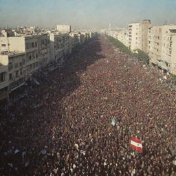 Protesters filling the streets during the Iran Revolution of 1979, many waving banners and flags, with a backdrop of city buildings and a sense of fervor and intensity