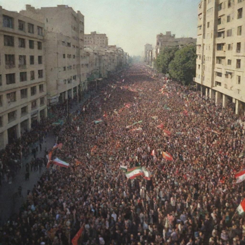 Protesters filling the streets during the Iran Revolution of 1979, many waving banners and flags, with a backdrop of city buildings and a sense of fervor and intensity