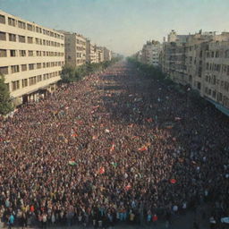 Protesters filling the streets during the Iran Revolution of 1979, many waving banners and flags, with a backdrop of city buildings and a sense of fervor and intensity