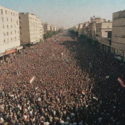 Protesters filling the streets during the Iran Revolution of 1979, many waving banners and flags, with a backdrop of city buildings and a sense of fervor and intensity