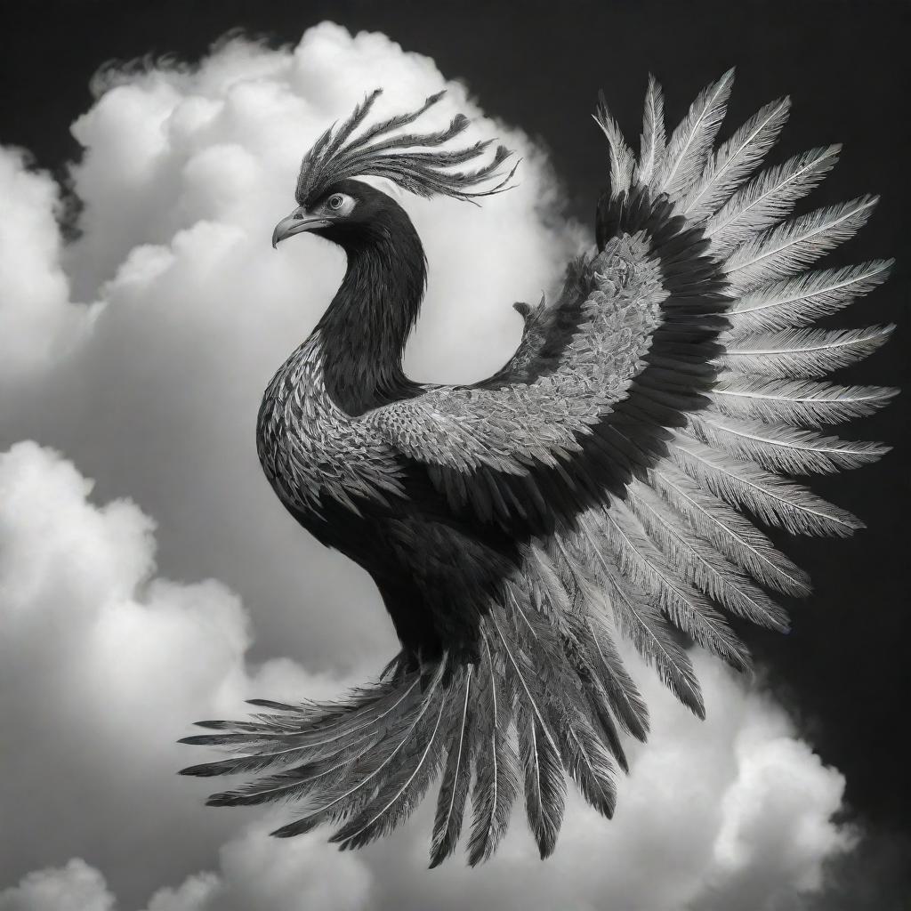 A majestic black and white phoenix with intricate 'Mega Mendung' cloud patterns adorning its body