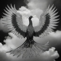 A majestic black and white phoenix with intricate 'Mega Mendung' cloud patterns adorning its body