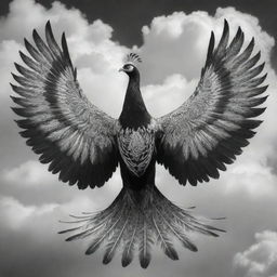 A majestic black and white phoenix with intricate 'Mega Mendung' cloud patterns adorning its body