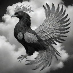 A majestic black and white phoenix with intricate 'Mega Mendung' cloud patterns adorning its body