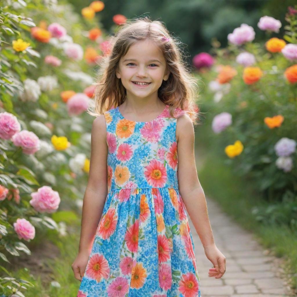 A young girl in playful mood, clad in a colorful summer dress, standing by a blooming garden, with a radiant smile on her face reflecting innocence and happiness.