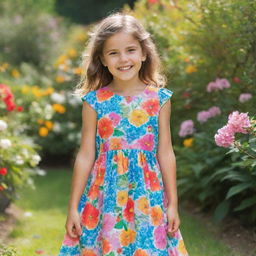 A young girl in playful mood, clad in a colorful summer dress, standing by a blooming garden, with a radiant smile on her face reflecting innocence and happiness.