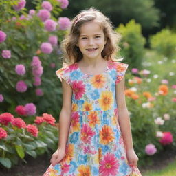 A young girl in playful mood, clad in a colorful summer dress, standing by a blooming garden, with a radiant smile on her face reflecting innocence and happiness.