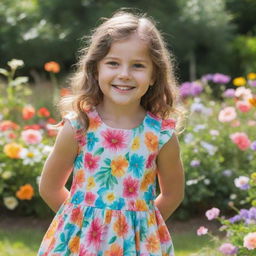 A young girl in playful mood, clad in a colorful summer dress, standing by a blooming garden, with a radiant smile on her face reflecting innocence and happiness.