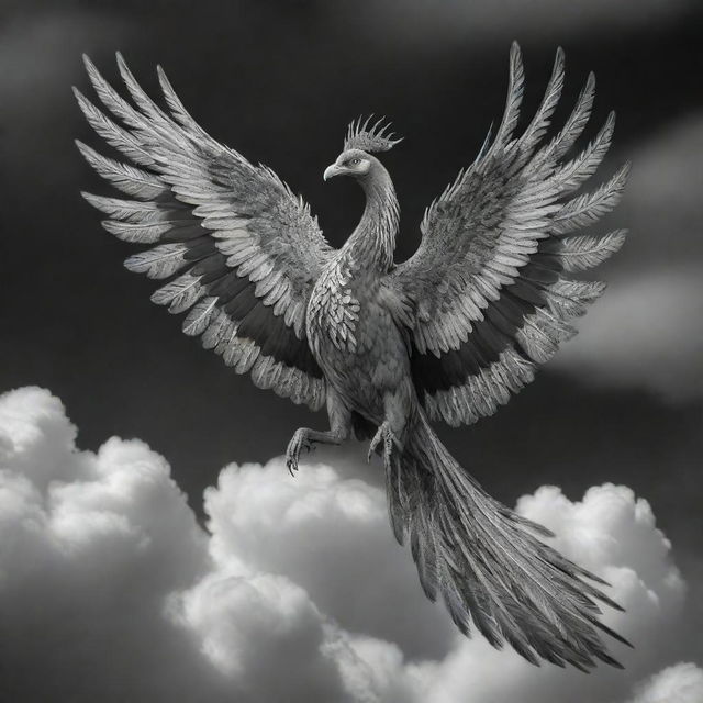 An awe-inspiring Phoenix bird detailed in monochrome black and white, body adorned with exquisitely intricate Mega Mendung cloud patterns, soaring against a contrasting colorful sky