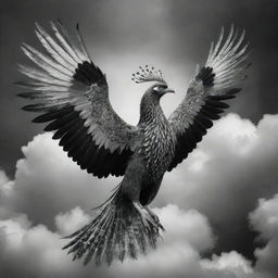 An awe-inspiring Phoenix bird detailed in monochrome black and white, body adorned with exquisitely intricate Mega Mendung cloud patterns, soaring against a contrasting colorful sky