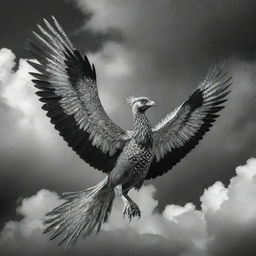 An awe-inspiring Phoenix bird detailed in monochrome black and white, body adorned with exquisitely intricate Mega Mendung cloud patterns, soaring against a contrasting colorful sky