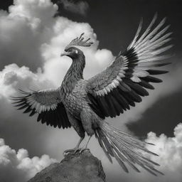 An awe-inspiring Phoenix bird detailed in monochrome black and white, body adorned with exquisitely intricate Mega Mendung cloud patterns, soaring against a contrasting colorful sky