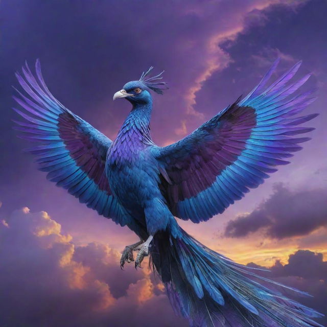 An awe-inspiring Phoenix bird in stunning shades of blue and purple, body adorned with exquisitely intricate Mega Mendung cloud patterns, soaring against a contrasting colorful sky