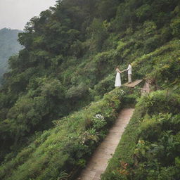 Two terraces amidst lush greenery with a loving couple standing on each, capturing the romance of the scene.