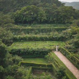 Two terraces amidst lush greenery with a loving couple standing on each, capturing the romance of the scene.