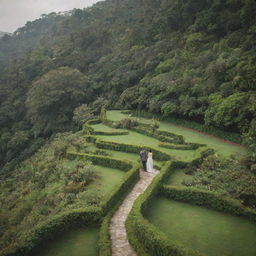 Two terraces amidst lush greenery with a loving couple standing on each, capturing the romance of the scene.