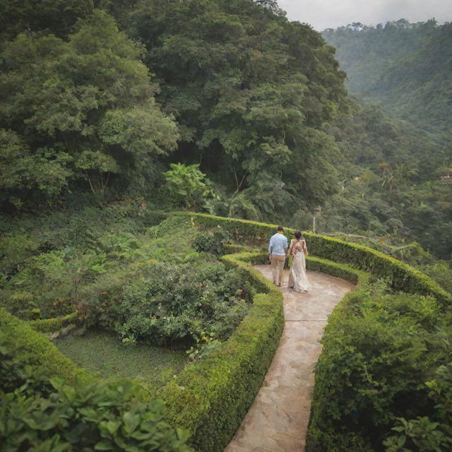 Two terraces amidst lush greenery with a loving couple standing on each, capturing the romance of the scene.