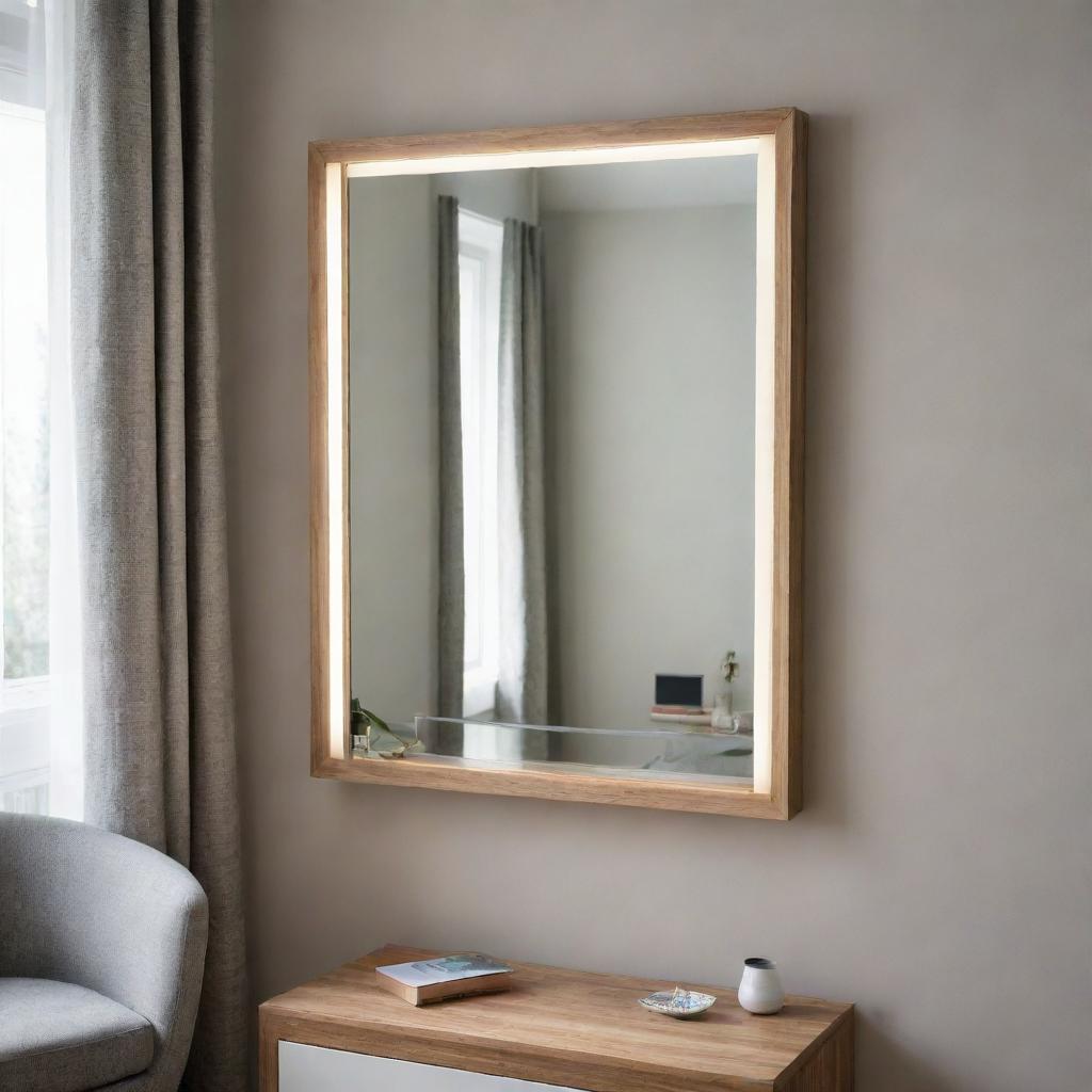 A stylish mirror with a hidden storage compartment behind it, situated in a well-lit interior