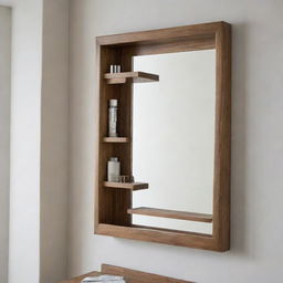 A stylish mirror with a hidden storage compartment behind it, situated in a well-lit interior