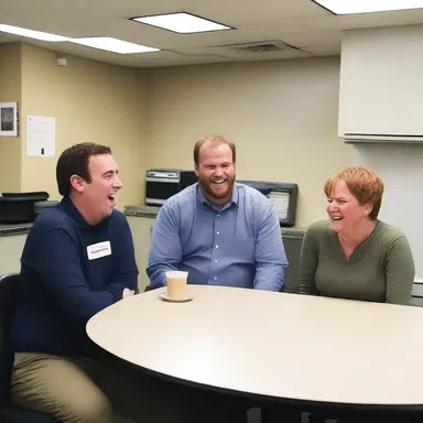 During lunch breaks, my coworkers and I often tarry in the breakroom and share jokes.