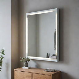 A stylish mirror with a hidden storage compartment behind it, situated in a well-lit interior