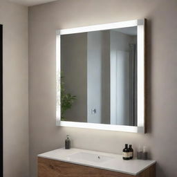 A stylish mirror with a hidden storage compartment behind it, situated in a well-lit interior