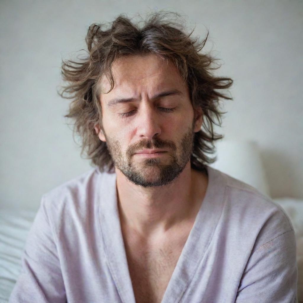 A disheveled man, eyes half-closed with sleepiness, hair in a messy state, wearing comfortable pajamas, just woke up in the morning.