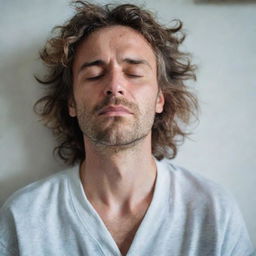 A disheveled man, eyes half-closed with sleepiness, hair in a messy state, wearing comfortable pajamas, just woke up in the morning.