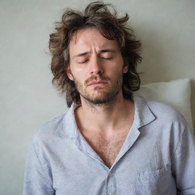 A disheveled man, eyes half-closed with sleepiness, hair in a messy state, wearing comfortable pajamas, just woke up in the morning.