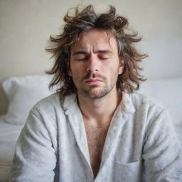 A disheveled man, eyes half-closed with sleepiness, hair in a messy state, wearing comfortable pajamas, just woke up in the morning.