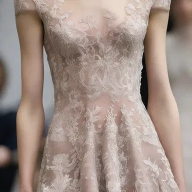 The designer created a dress with intricate detailing, delicately and finely threading tiny pieces of lace and beads onto the fabric.