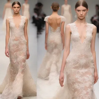 The designer created a dress with intricate detailing, delicately and finely threading tiny pieces of lace and beads onto the fabric.