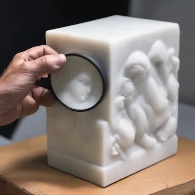 The artist used a magnifying glass to carefully carve a sculpture out of a block of marble, resulting in finely chiseled details.