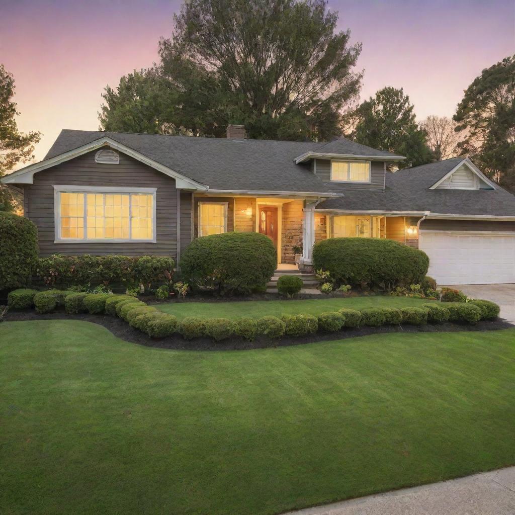 A picturesque suburban house at sunset with beautifully manicured lawns and a welcoming ambiance.