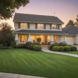 A picturesque suburban house at sunset with beautifully manicured lawns and a welcoming ambiance.