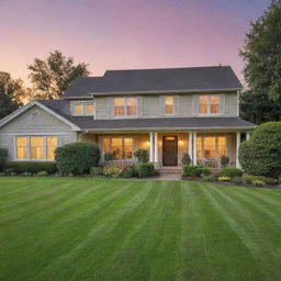 A picturesque suburban house at sunset with beautifully manicured lawns and a welcoming ambiance.