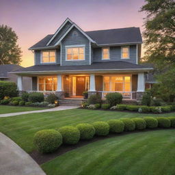 A picturesque suburban house at sunset with beautifully manicured lawns and a welcoming ambiance.